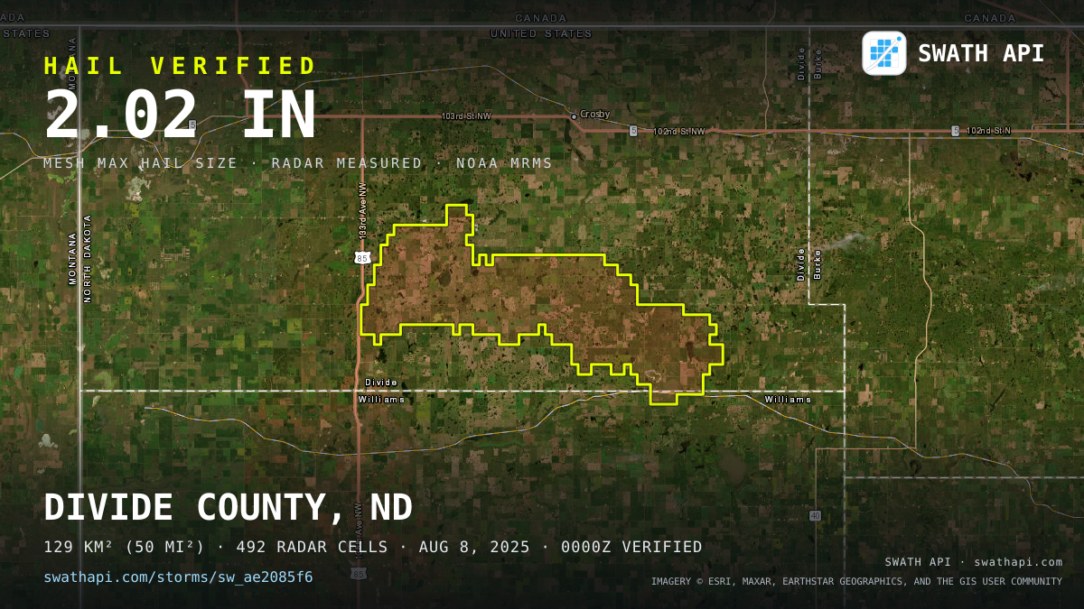 Storm card: 1.3–2" hail crossed Divide County, ND — August 8, 2025