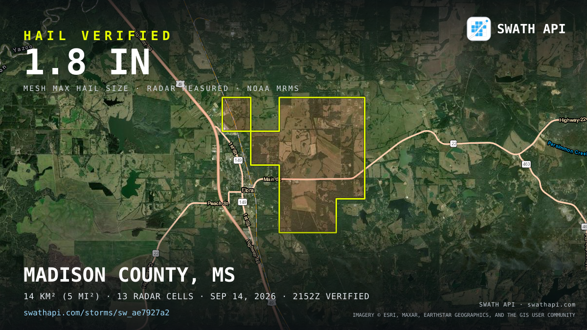 Storm card: 1.2–1.8" hail crossed Madison County, MS — September 14, 2026