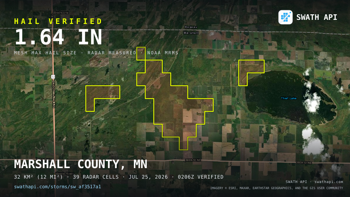 Storm card: 1.1–1.6" hail crossed Marshall County, MN — July 25, 2026