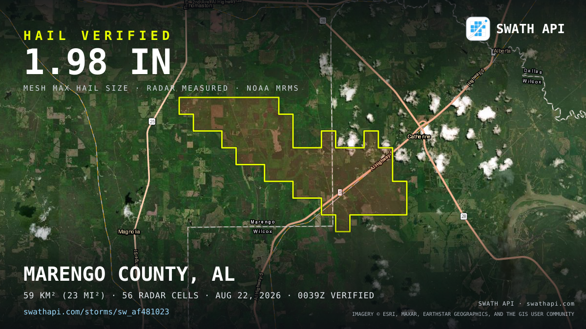 Storm card: 1.4–2" hail crossed Marengo County, AL — August 22, 2026