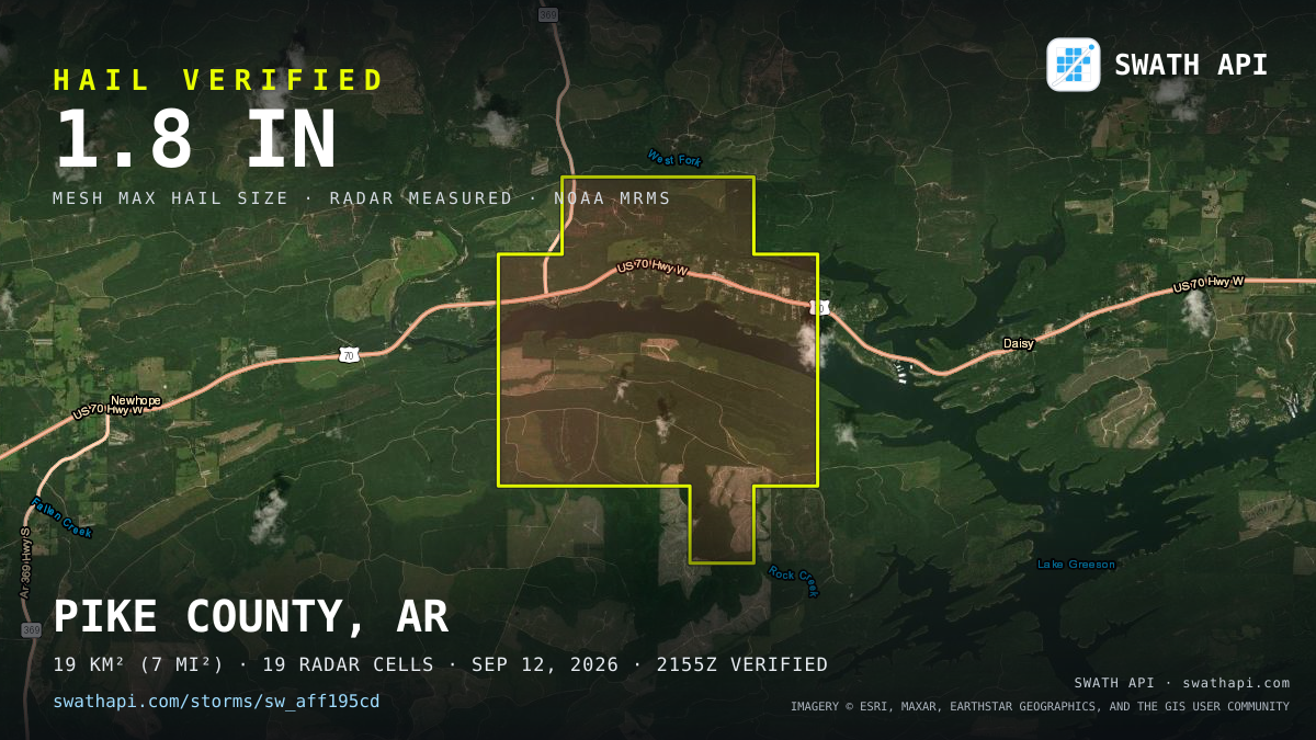 Storm card: 1.4–1.8" hail crossed Pike County, AR — September 12, 2026