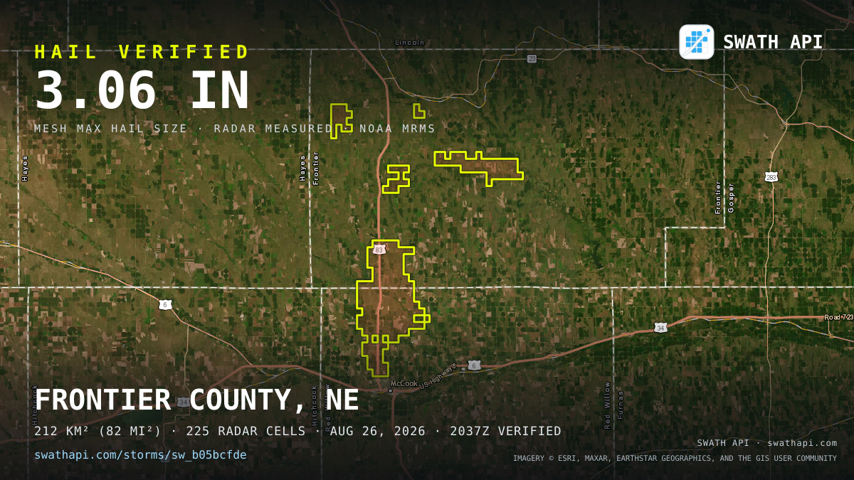 Storm card: 1.1–3.1" hail crossed Frontier County, NE — August 26, 2026