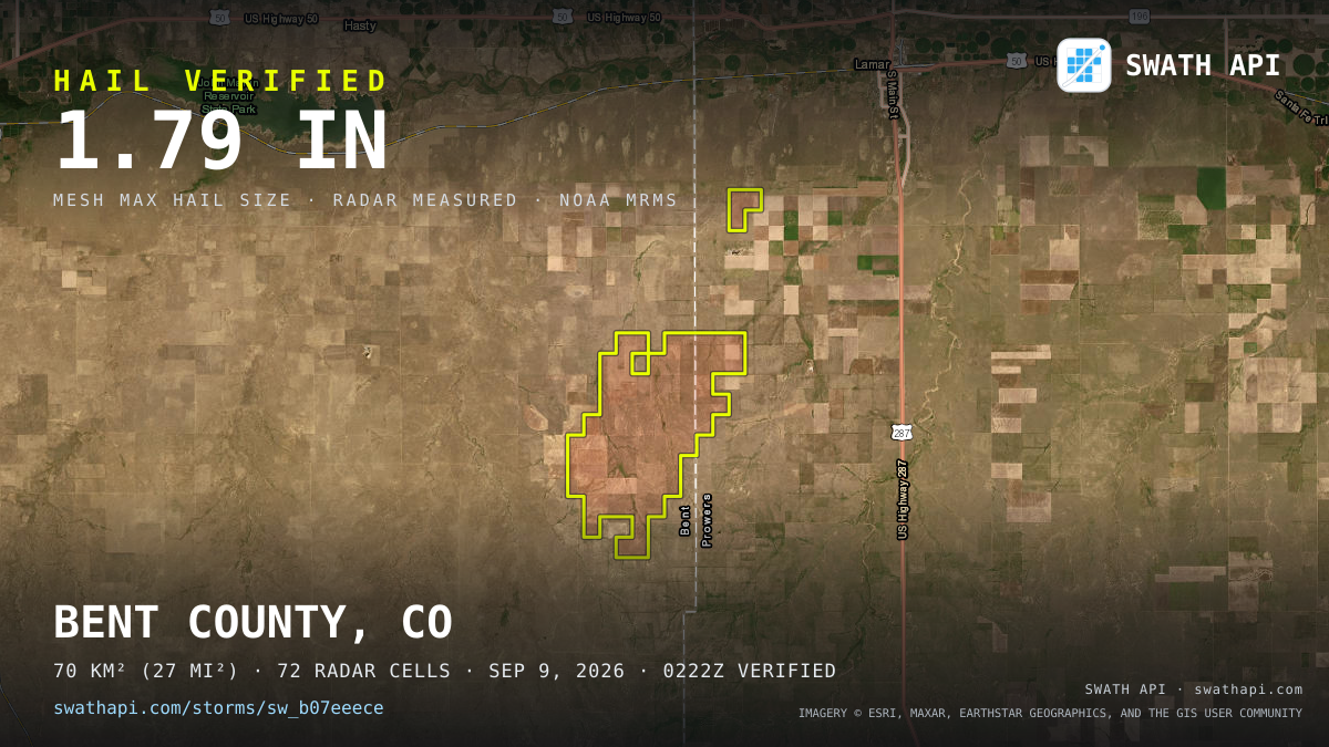 Storm card: 1.1–1.8" hail crossed Bent County, CO — September 9, 2026