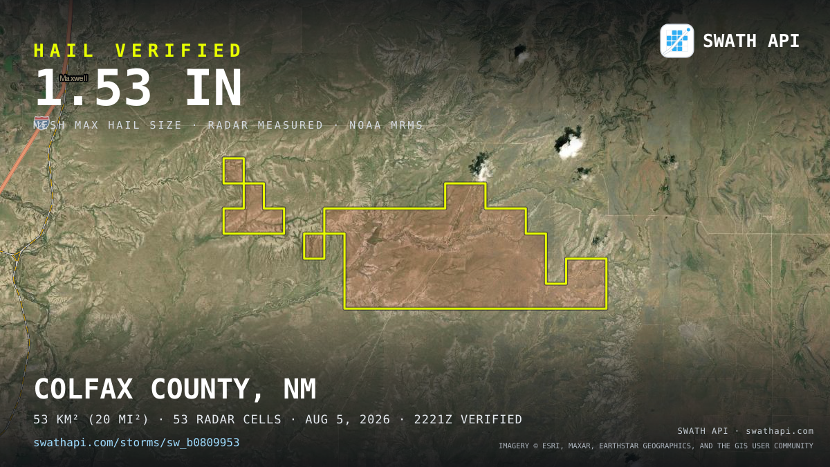 Storm card: 1.1–1.5" hail crossed Colfax County, NM — August 5, 2026