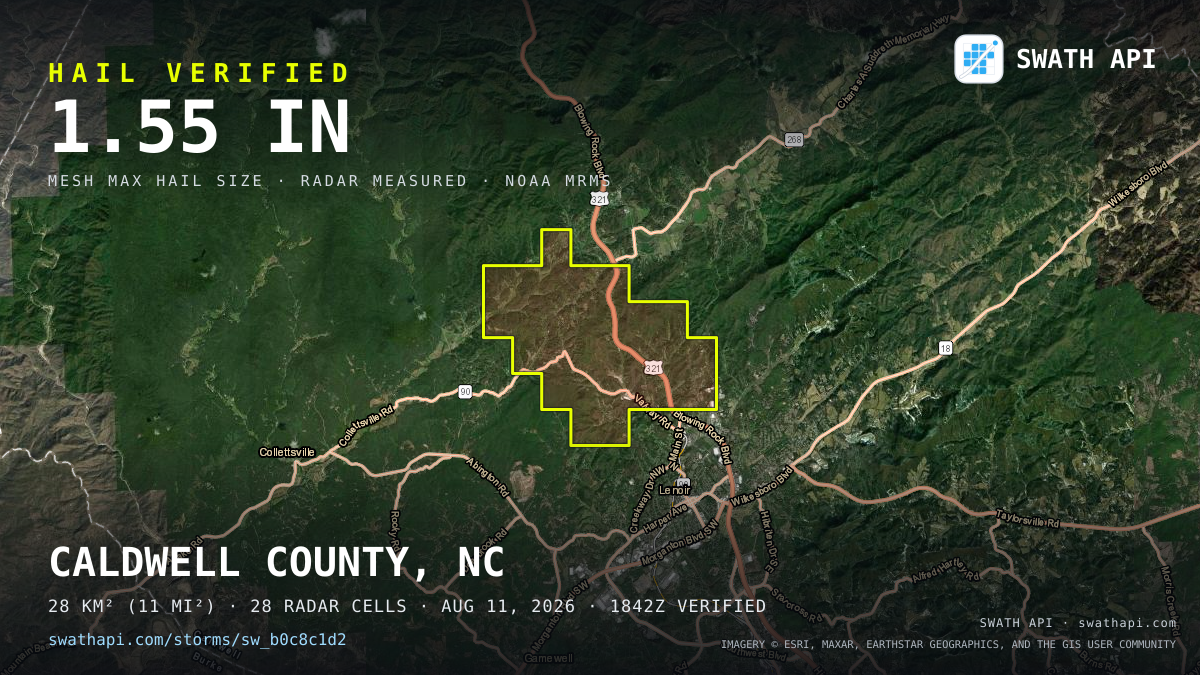 Storm card: 1.1–1.6" hail crossed Caldwell County, NC — August 11, 2026