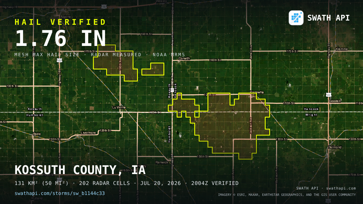 Storm card: 1.2–1.8" hail crossed Hancock County, IA — July 20, 2026
