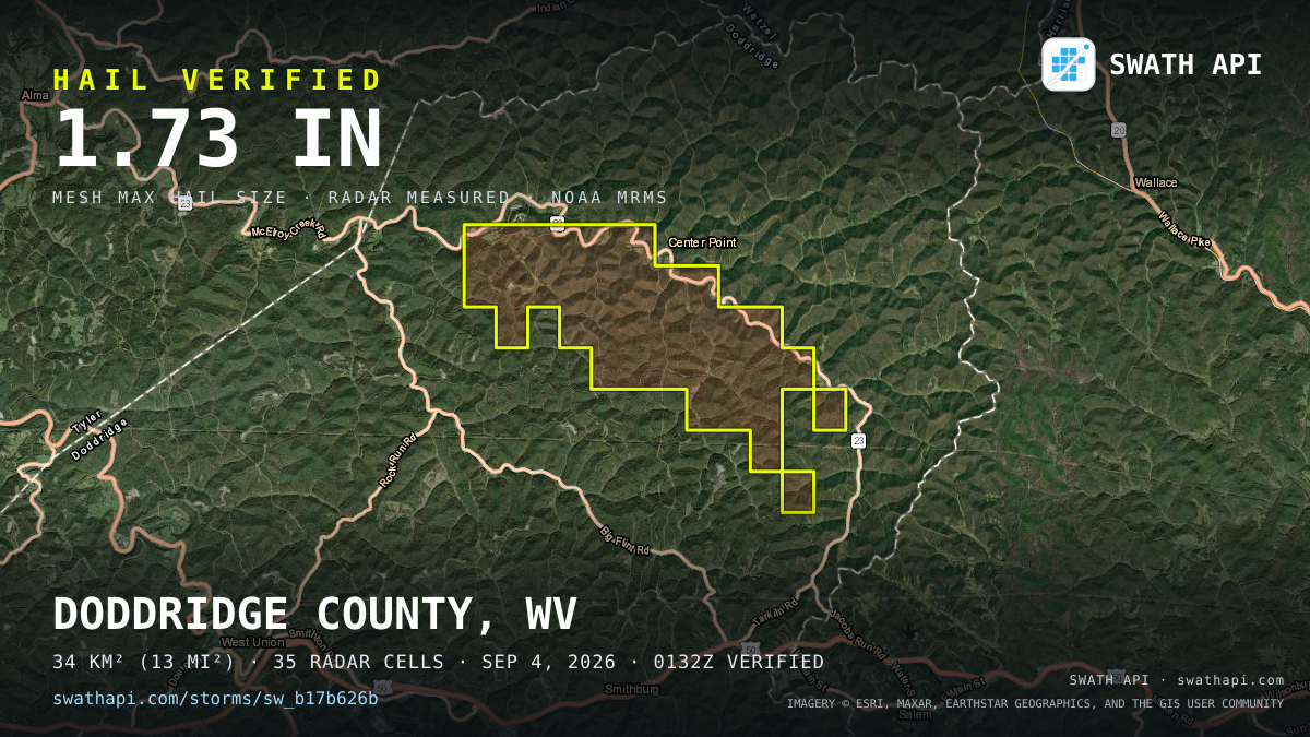 Storm card: 1.1–1.7" hail crossed Doddridge County, WV — September 4, 2026