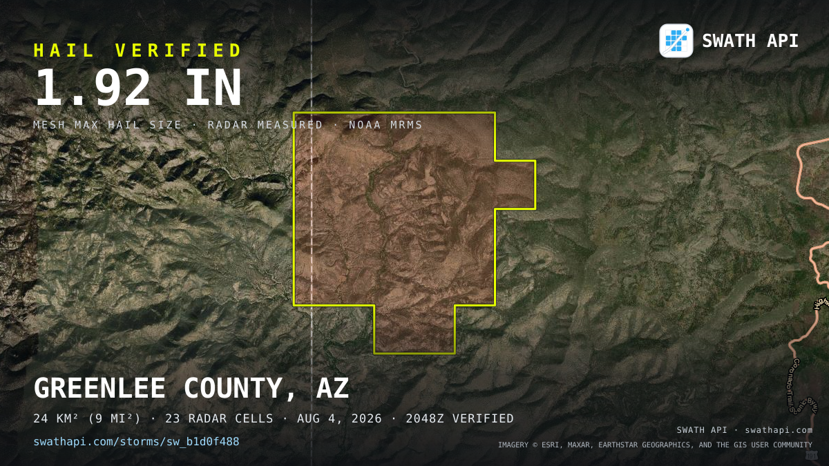 Storm card: 1.3–1.9" hail crossed Greenlee County, AZ — August 4, 2026