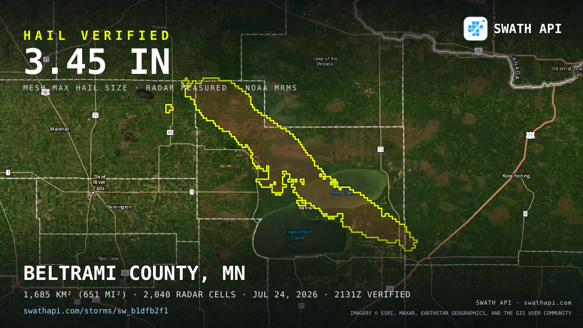Storm card: 1.1–3.5" hail crossed Beltrami County, MN — July 24, 2026