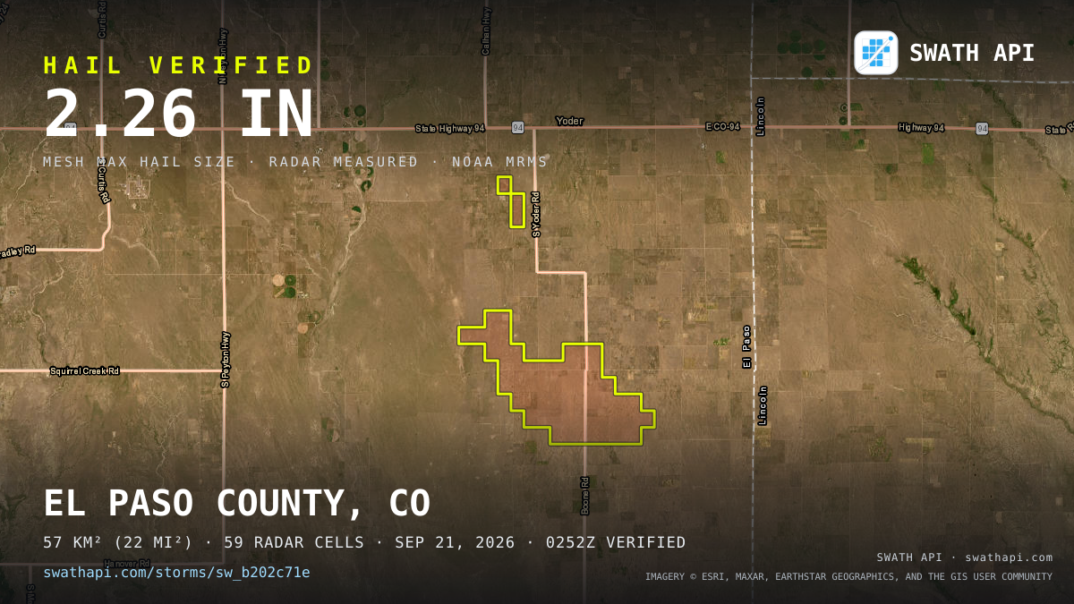 Storm card: 1.1–2.5" hail crossed Crowley County, CO — September 21, 2026