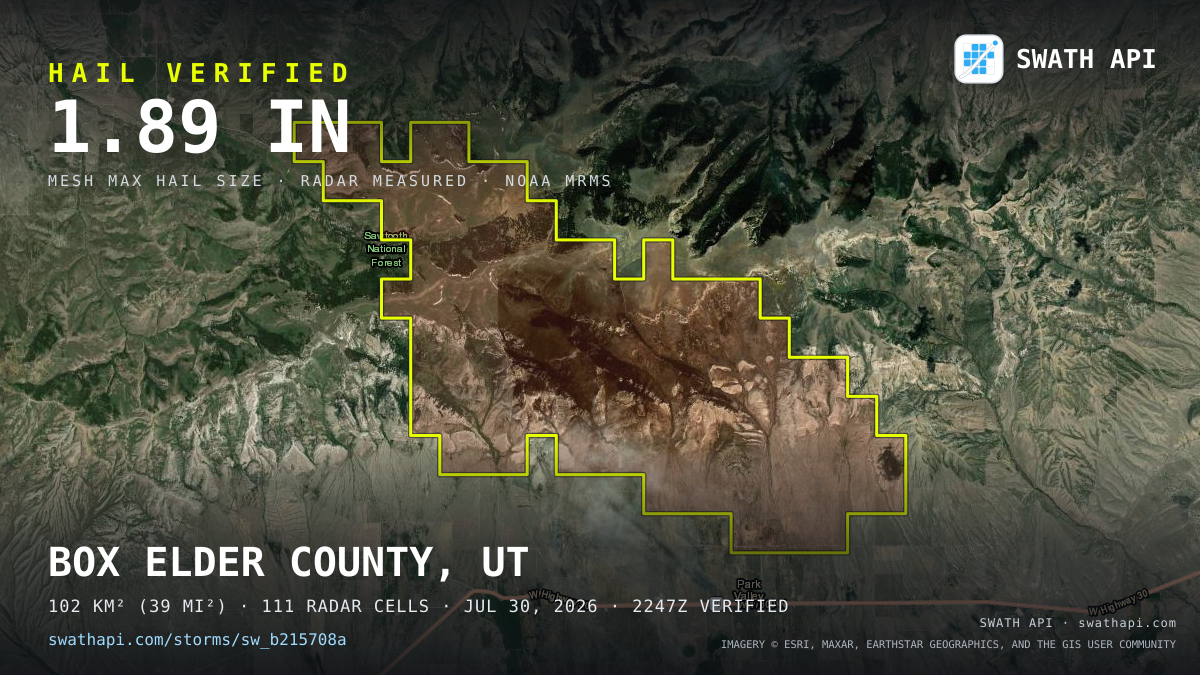 Storm card: 1.1–1.9" hail crossed Box Elder County, UT — July 30, 2026