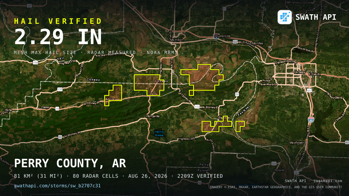 Storm card: 1.2–2.3" hail crossed Perry County, AR — August 26, 2026