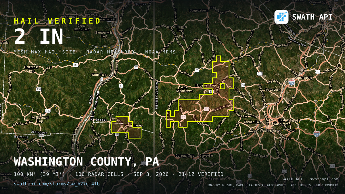 Storm card: 1.1–2" hail crossed Washington County, PA — September 3, 2026