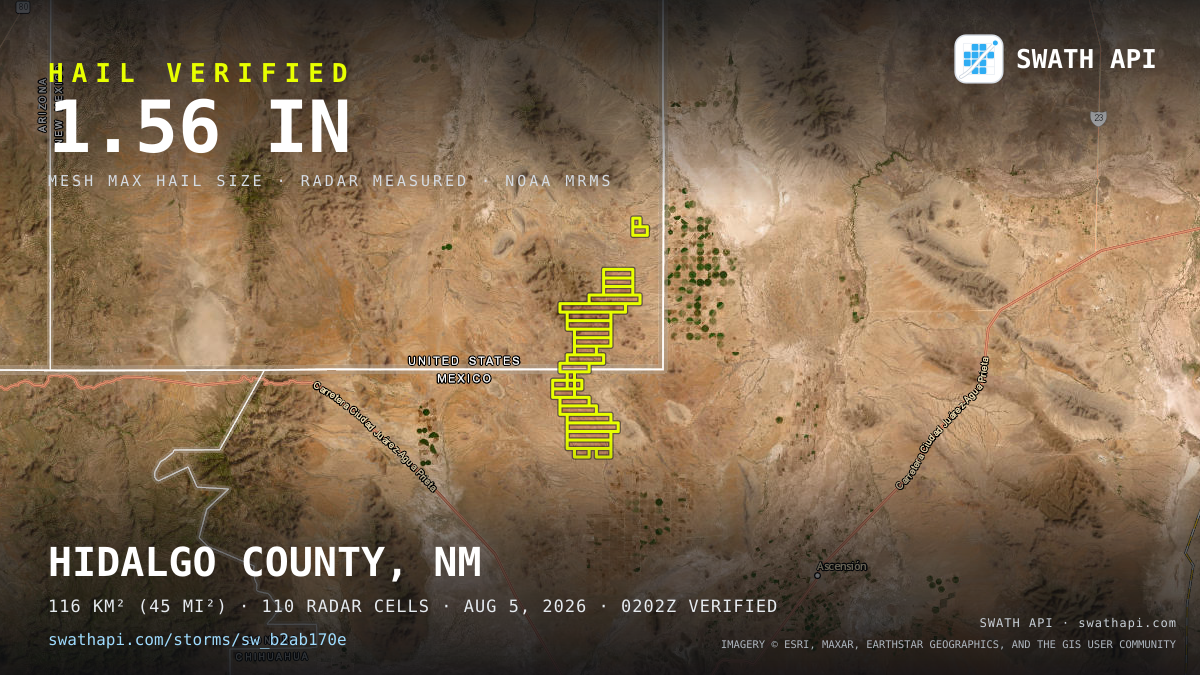 Storm card: 1.2–1.6" hail crossed Hidalgo County, NM — August 5, 2026
