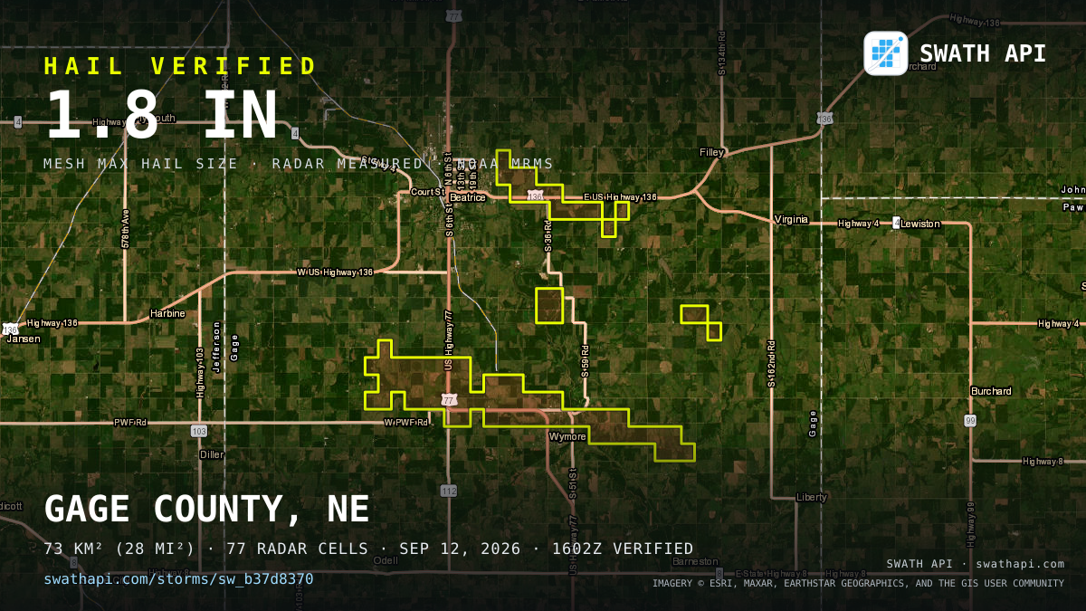 Storm card: 1.1–1.8" hail crossed Gage County, NE — September 12, 2026