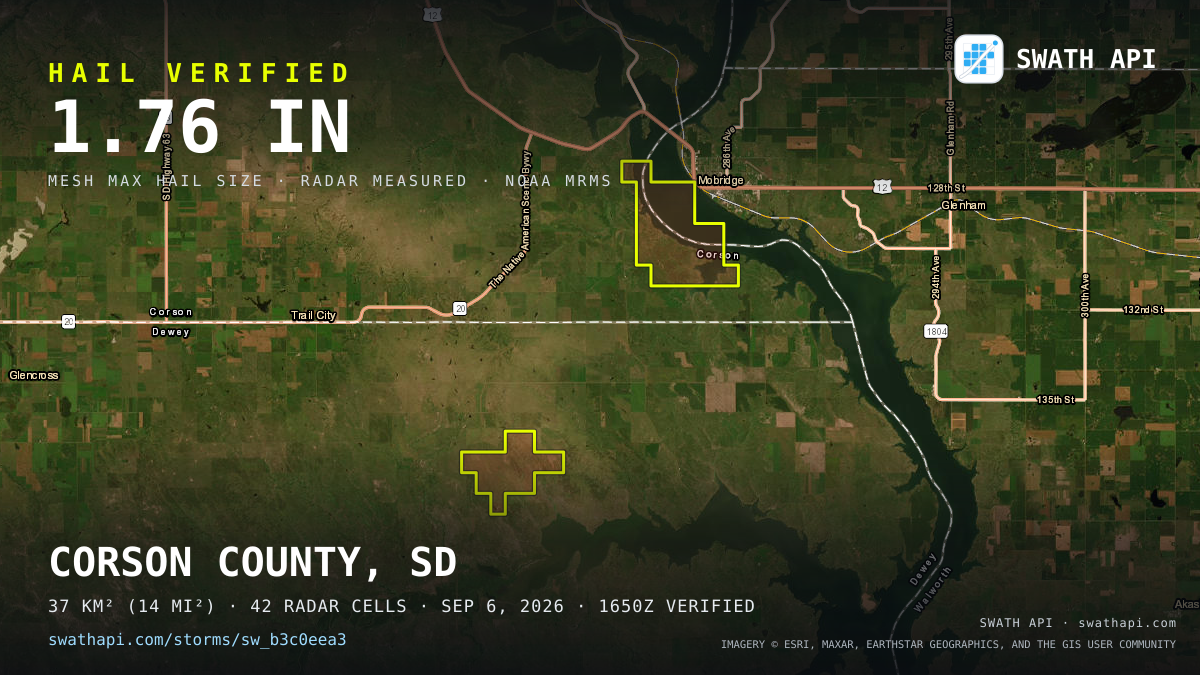 Storm card: 1.1–1.8" hail crossed Corson County, SD — September 6, 2026