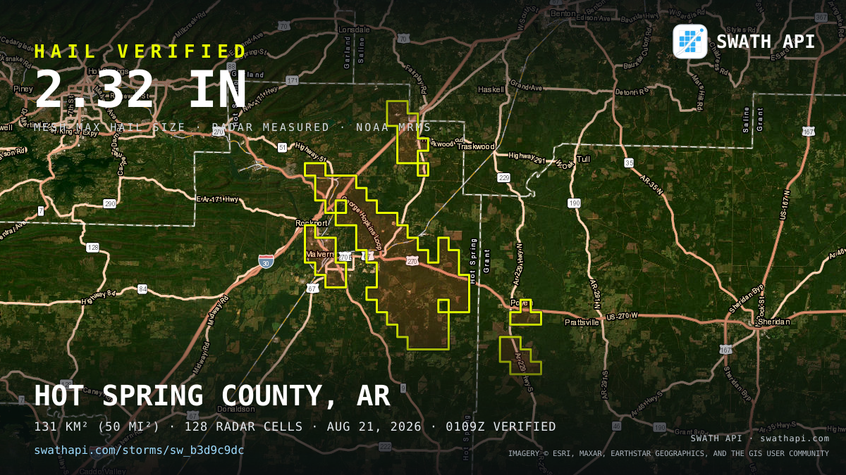Storm card: 1.2–2.3" hail crossed Hot Spring County, AR — August 21, 2026