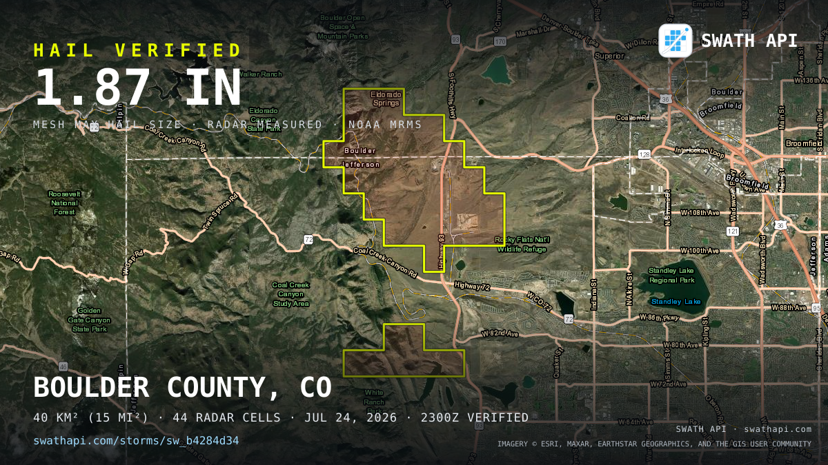 Storm card: 1.2–1.9" hail crossed Jefferson County, CO — July 24, 2026