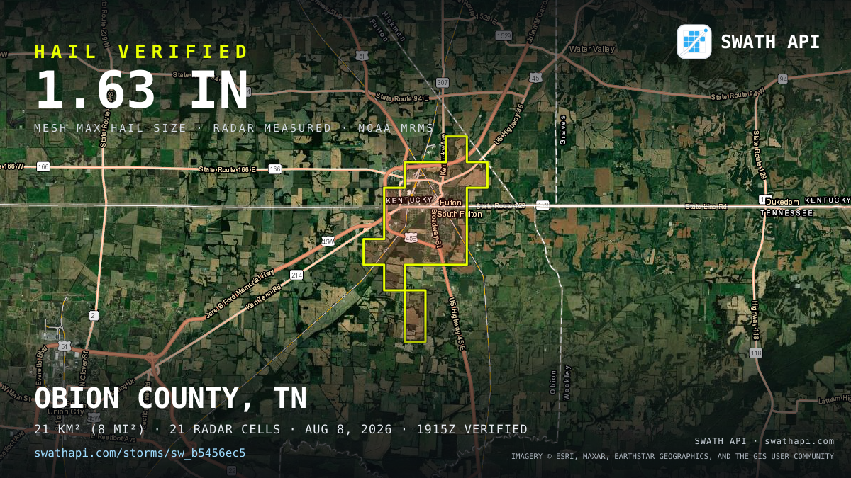 Storm card: 1.2–1.6" hail crossed Obion County, TN — August 8, 2026