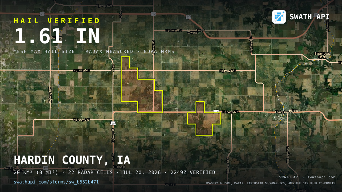 Storm card: 1.3–1.6" hail crossed Hardin County, IA — July 20, 2026