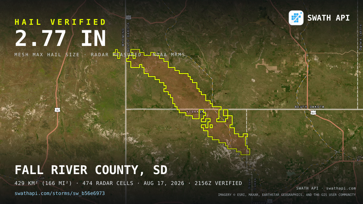 Storm card: 1.2–2.8" hail crossed Fall River County, SD — August 17, 2026