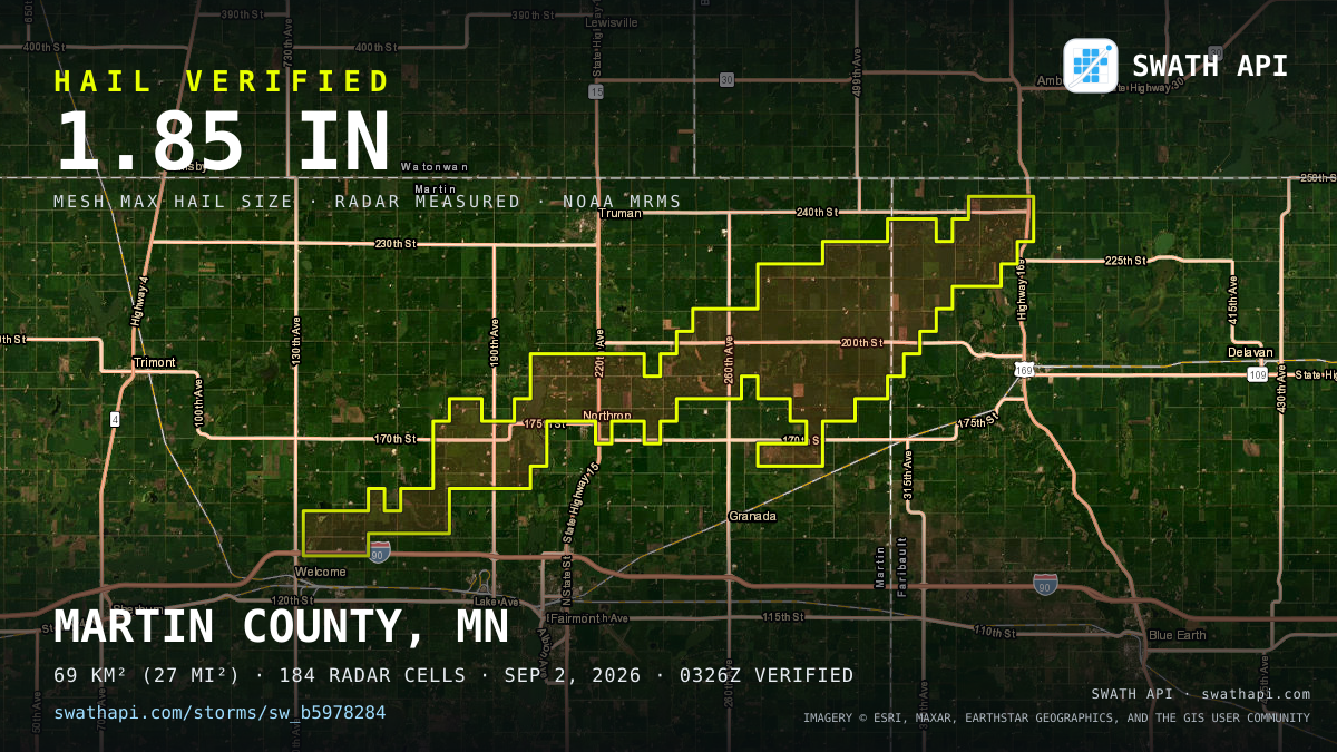 Storm card: 1.2–1.9" hail crossed Martin County, MN — September 2, 2026
