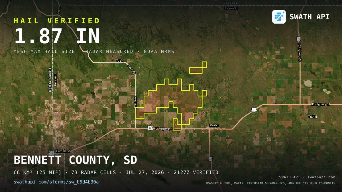 Storm card: 1.1–1.9" hail crossed Bennett County, SD — July 27, 2026