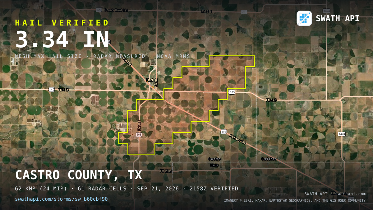 Storm card: 1.3–3.3" hail crossed Castro County, TX — September 21, 2026