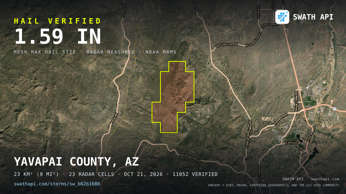 Storm card: 1.2–1.6" hail crossed Yavapai County, AZ — October 21, 2026