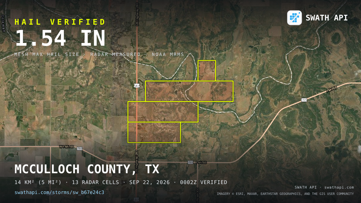 Storm card: 1.1–1.5" hail crossed McCulloch County, TX — September 22, 2026