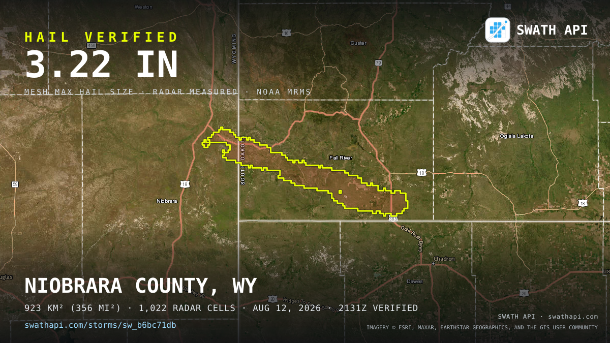 Storm card: 1.1–3.2" hail crossed Fall River County, SD — August 12, 2026