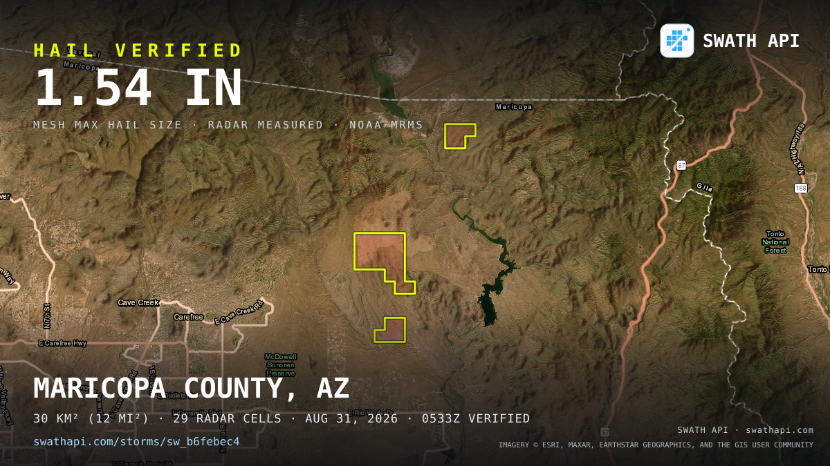 Storm card: 1.1–1.5" hail crossed Maricopa County, AZ — August 31, 2026