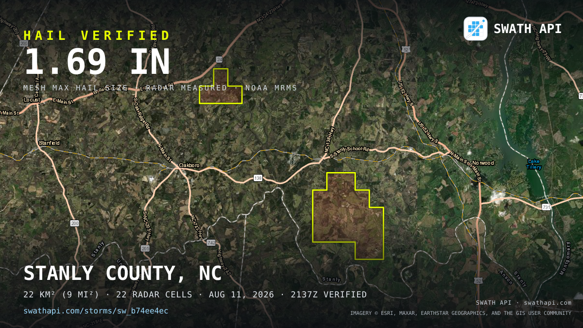 Storm card: 1.1–1.7" hail crossed Stanly County, NC — August 11, 2026