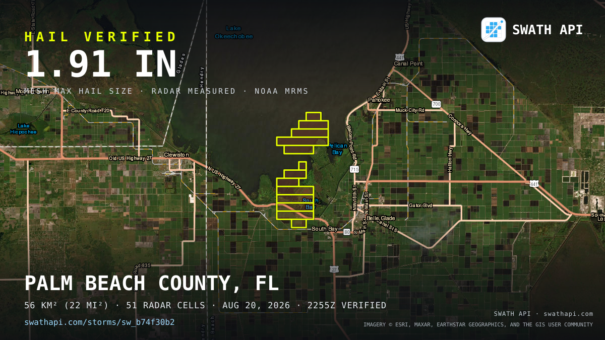 Storm card: 1.2–1.9" hail crossed Palm Beach County, FL — August 20, 2026