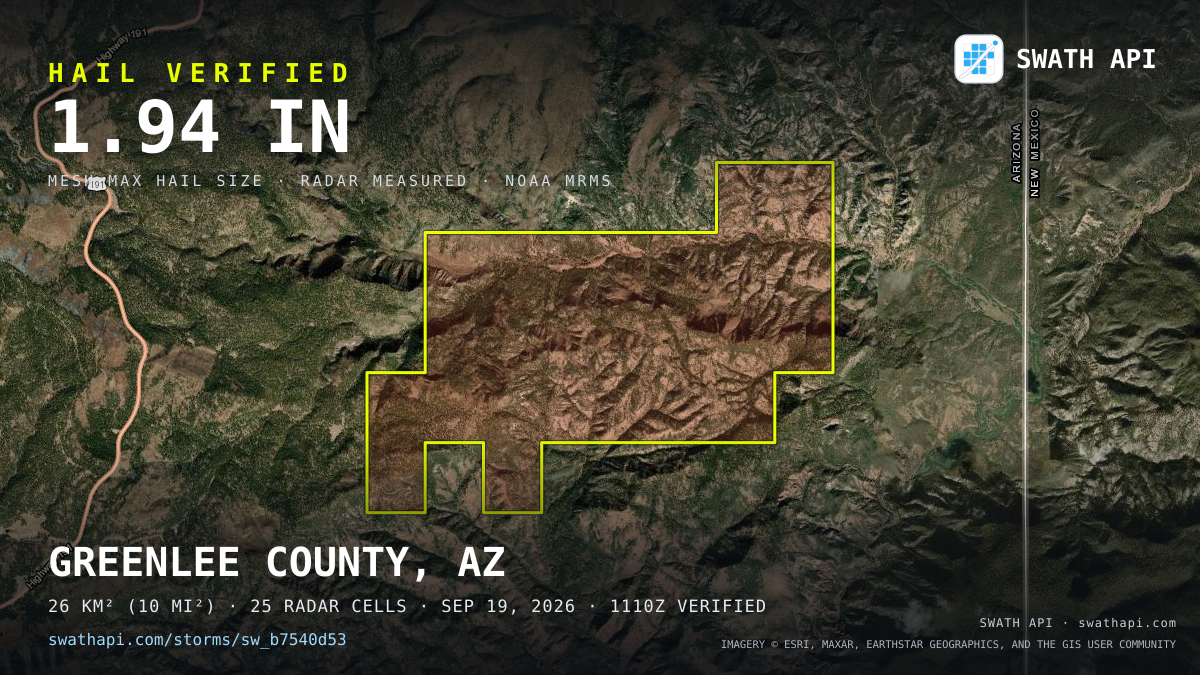Storm card: 1.2–1.9" hail crossed Greenlee County, AZ — September 19, 2026