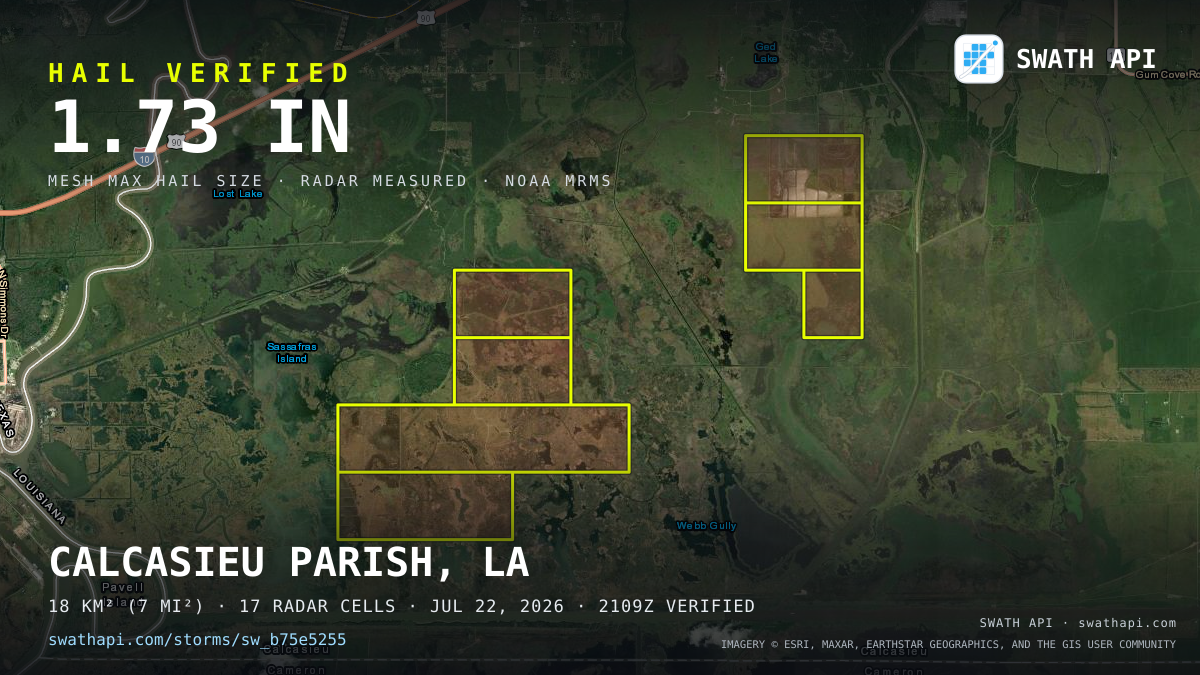 Storm card: 1.1–1.7" hail crossed Calcasieu Parish, LA — July 22, 2026