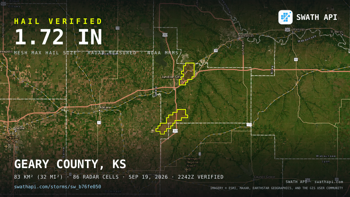 Storm card: 1.1–1.7" hail crossed Geary County, KS — September 19, 2026