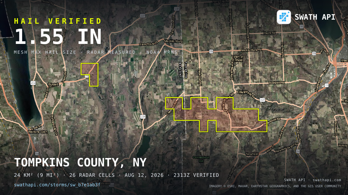 Storm card: 1.2–1.6" hail crossed Tompkins County, NY — August 12, 2026