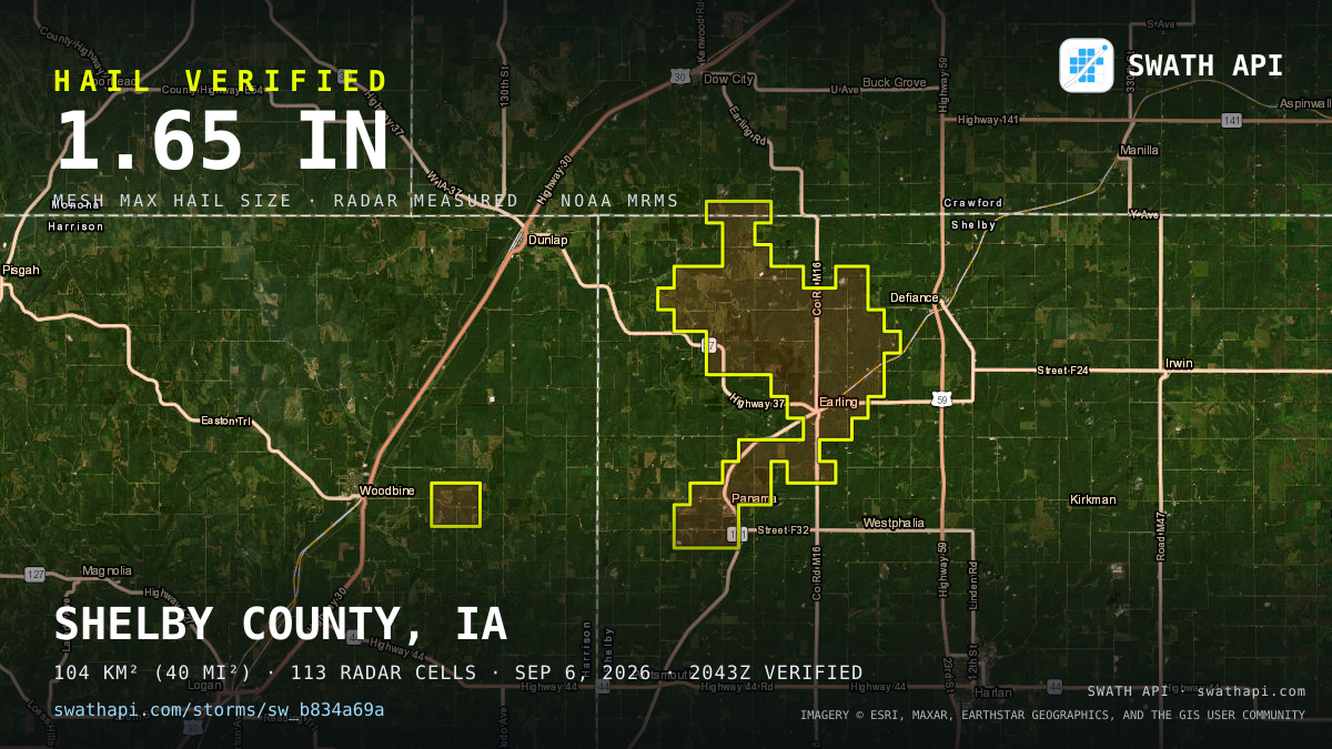 Storm card: 1.1–1.7" hail crossed Shelby County, IA — September 6, 2026