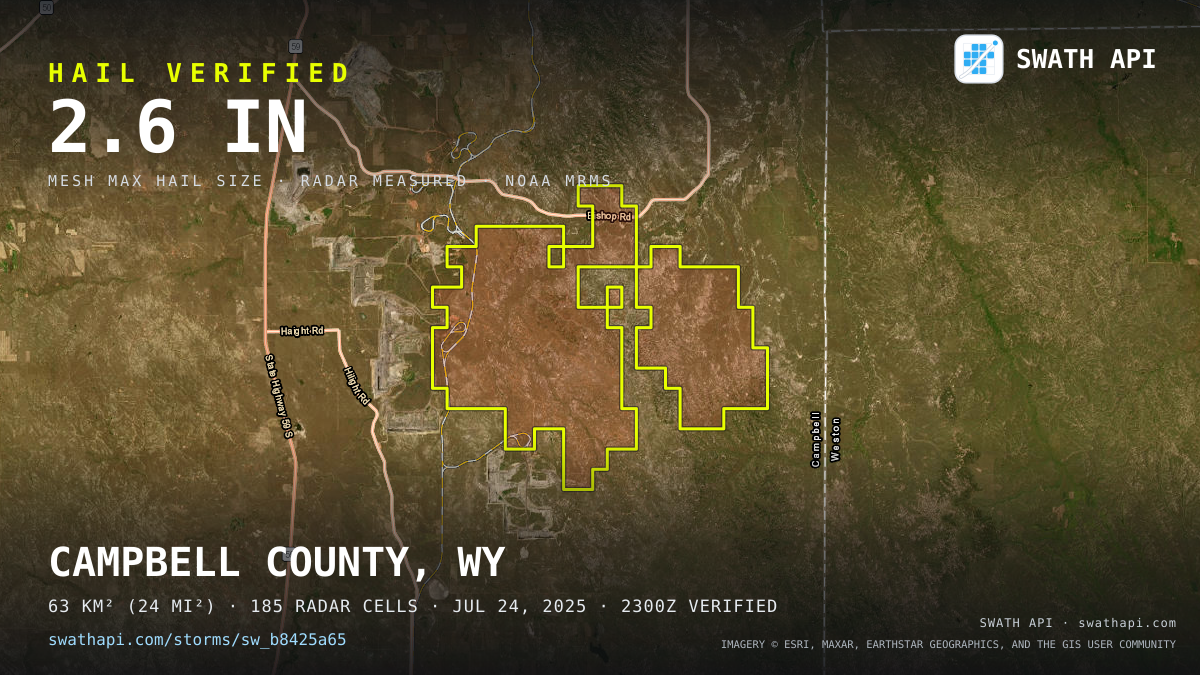 Storm card: 1.4–2.6" hail crossed Campbell County, WY — July 24, 2025