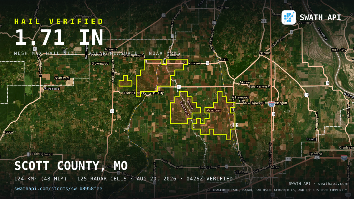 Storm card: 1.1–1.7" hail crossed Scott County, MO — August 20, 2026