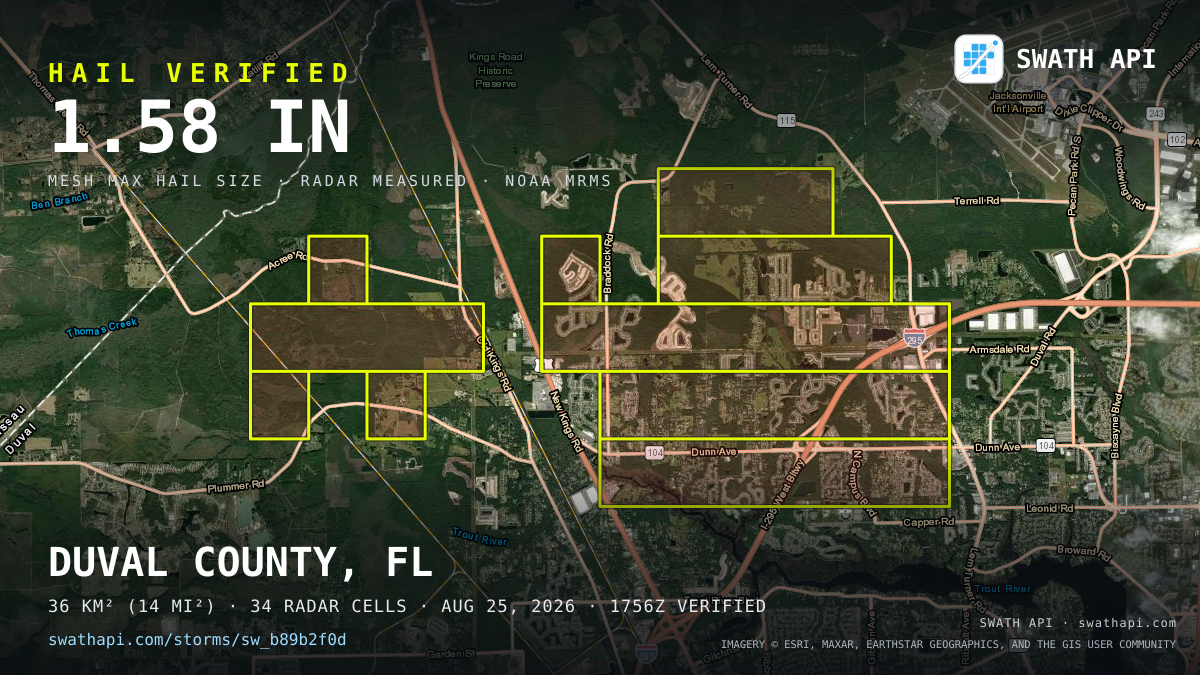 Storm card: 1.1–1.6" hail crossed Duval County, FL — August 25, 2026
