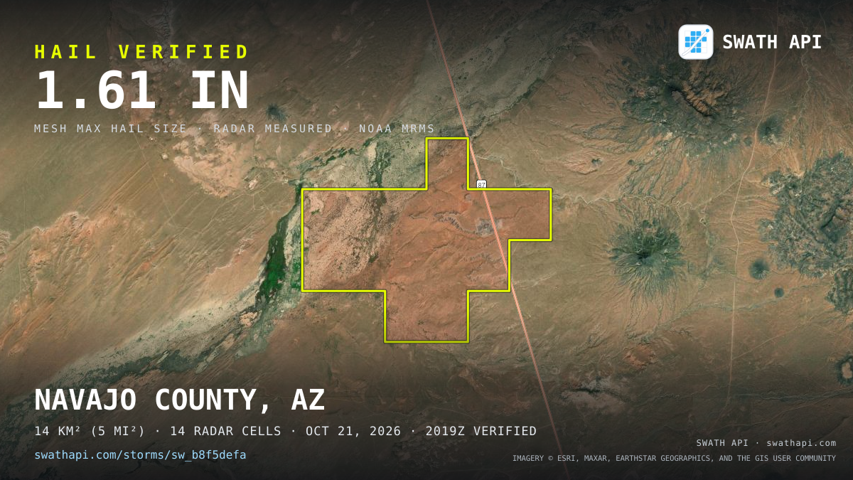 Storm card: 1.1–1.8" hail crossed Navajo County, AZ — October 21, 2026