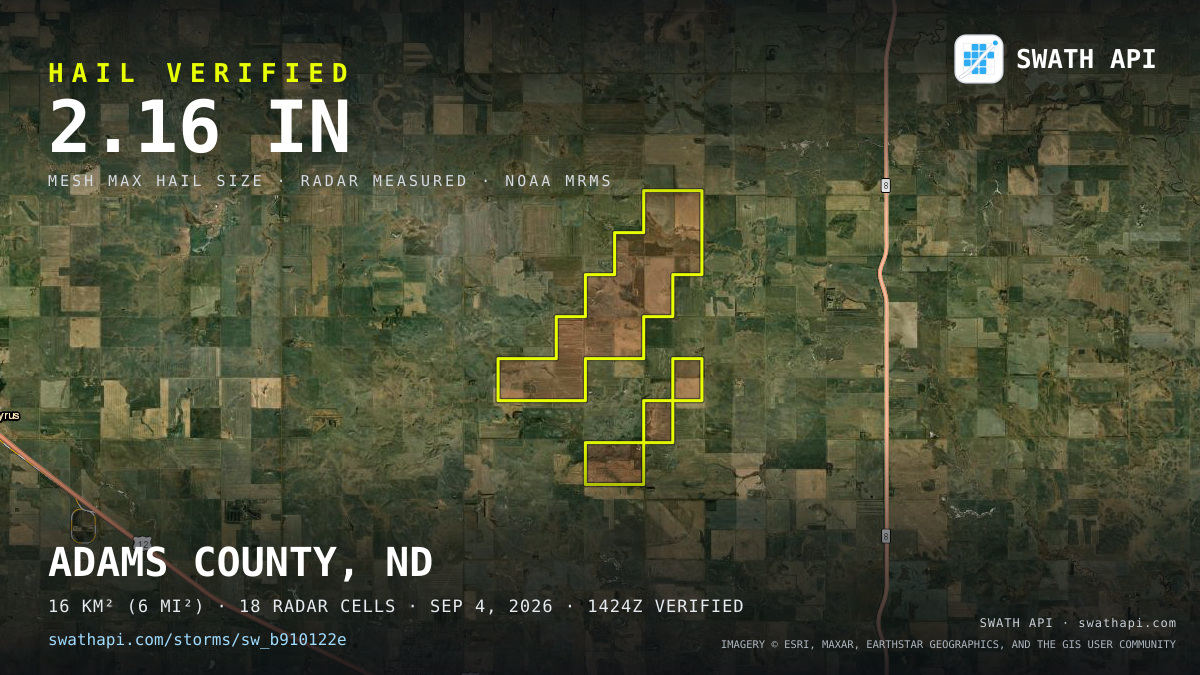 Storm card: 1.6–2.2" hail crossed Adams County, ND — September 4, 2026