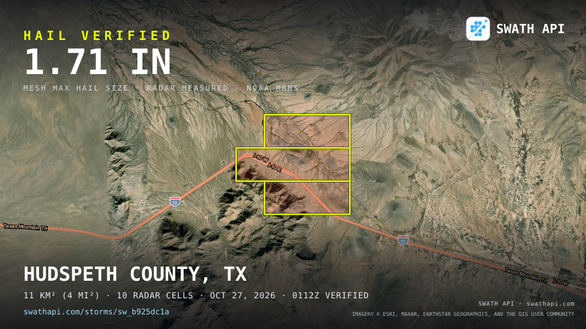 Storm card: 1.1–1.7" hail crossed Hudspeth County, TX — October 27, 2026