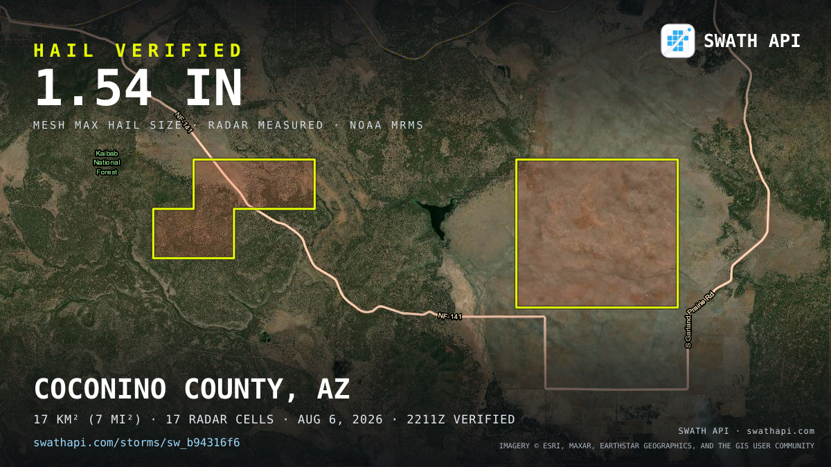 Storm card: 1.1–1.5" hail crossed Coconino County, AZ — August 6, 2026