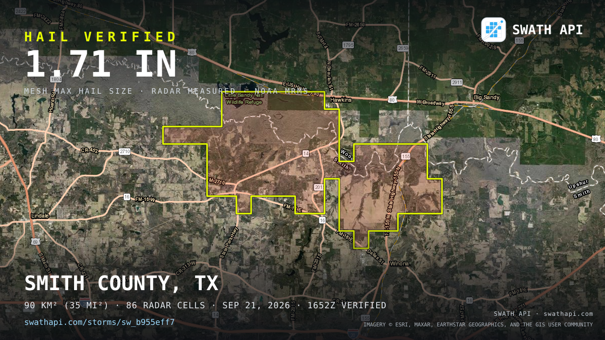 Storm card: 1.1–1.7" hail crossed Smith County, TX — September 21, 2026