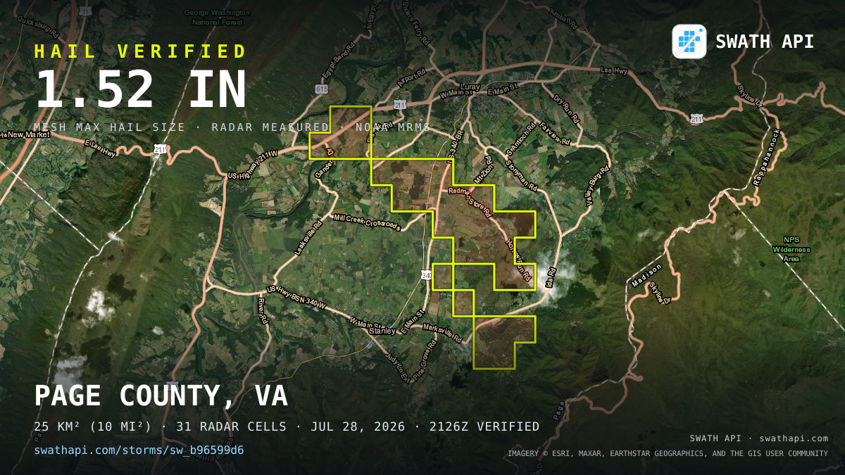 Storm card: 1.1–1.5" hail crossed Page County, VA — July 28, 2026