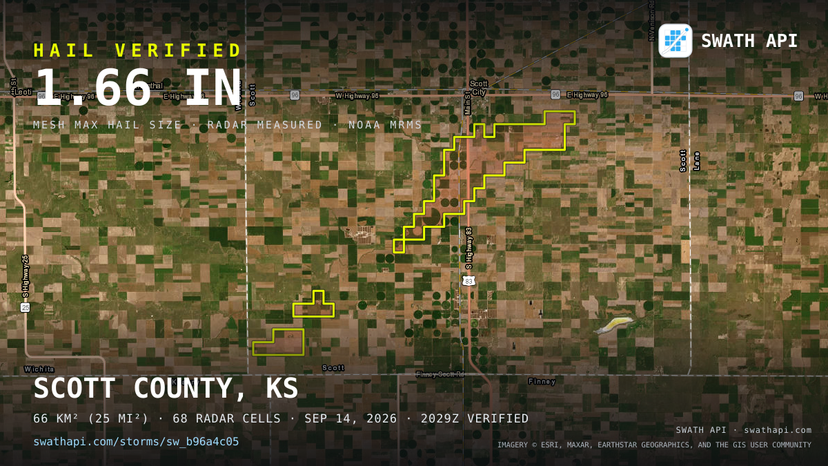 Storm card: 1.1–1.7" hail crossed Scott County, KS — September 14, 2026