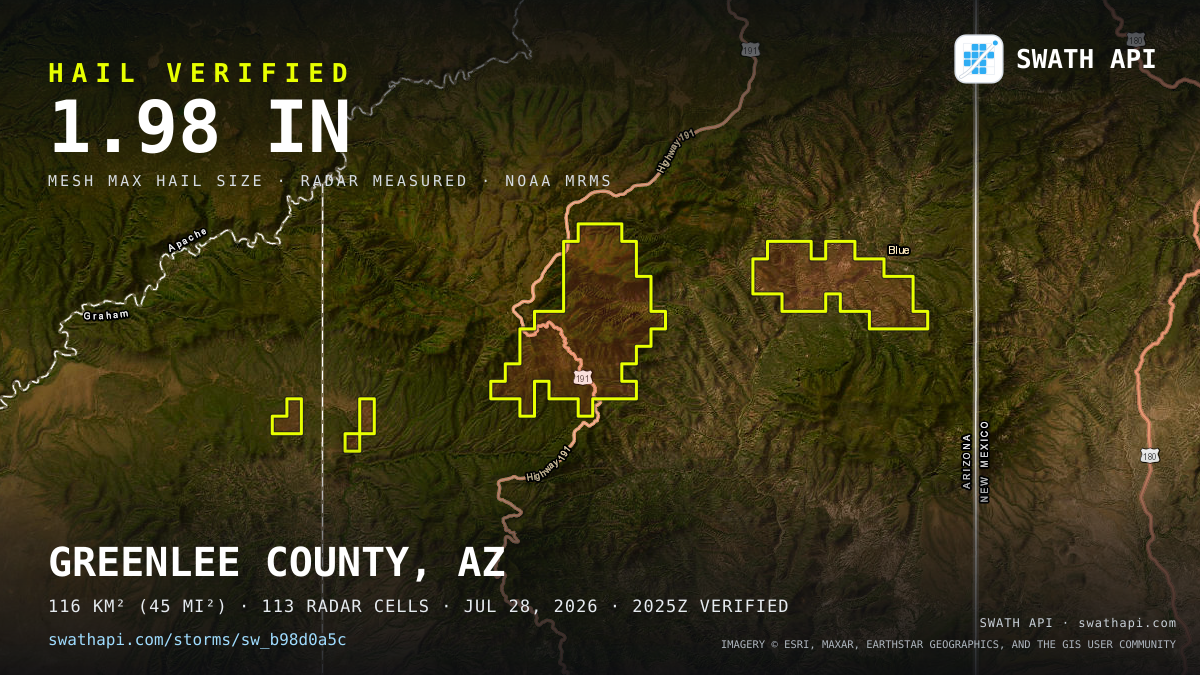 Storm card: 1.3–2" hail crossed Greenlee County, AZ — July 28, 2026